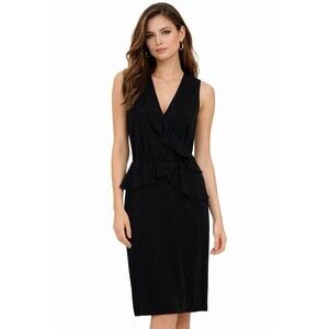 MOSCHINO Faux Wrap Ruffle Wool Black Midi Dress US 8 Minimalist Luxury Chic